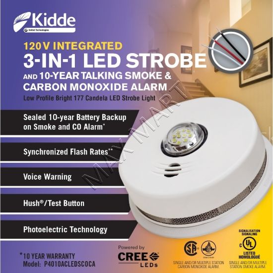Picture of Kidde 3in1 3-in-1 3 in 1 Alarm Hardwire Interconnected Smoke and CO Alarm with LED Strobe Light and Voice Alert