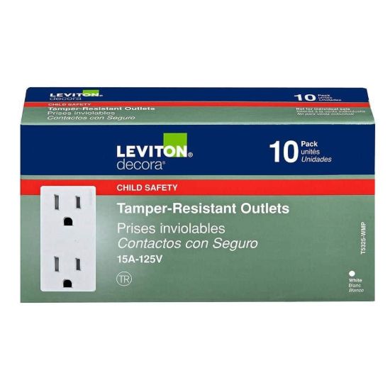 Picture of Leviton Decora Tamper Resistant TR Electrical Outlet Receptacle in White (10-Pack) T5325-W