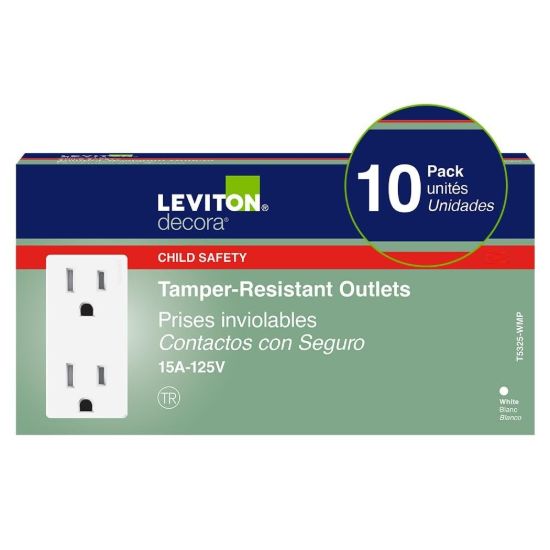 Picture of Leviton Decora Tamper Resistant TR Electrical Outlet Receptacle in White (10-Pack) T5325-W